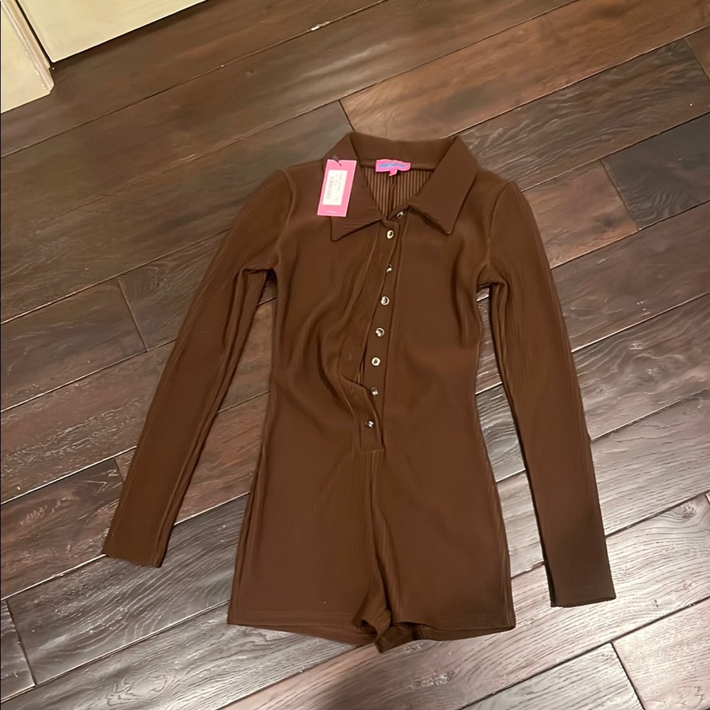 Edikted XS Women Brown Long Sleeve Button-Up Romper NWT